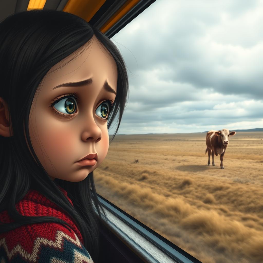 A poignant scene depicting a sad 8-year-old girl with big expressive eyes, gazing through a bus window