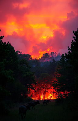 A dramatic scene depicting a wildfire raging in a dense forest, showcasing vibrant and warm colors of red, orange, and yellow flames contrasting against the lush greenery of trees