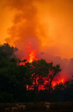 A dramatic scene depicting a wildfire raging in a dense forest, showcasing vibrant and warm colors of red, orange, and yellow flames contrasting against the lush greenery of trees