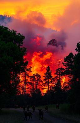 A dramatic scene depicting a wildfire raging in a dense forest, showcasing vibrant and warm colors of red, orange, and yellow flames contrasting against the lush greenery of trees