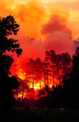 A dramatic scene depicting a wildfire raging in a dense forest, showcasing vibrant and warm colors of red, orange, and yellow flames contrasting against the lush greenery of trees