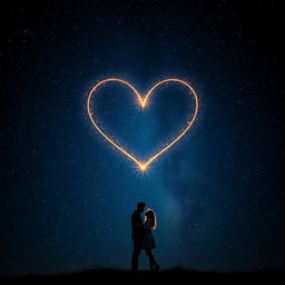 A captivating scene showcasing a rich, dark night sky filled with countless twinkling stars, highlighted by a striking radiant heart-shaped constellation that shimmers beautifully in the firmament