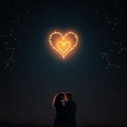 A captivating scene featuring a dark, expansive night sky filled with enchanting stars, prominently highlighted by a brilliant heart-shaped constellation that radiates a soft, warm light