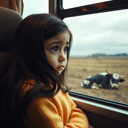 A touching scene featuring a sad 8-year-old girl with large, expressive eyes, peering out through a bus window