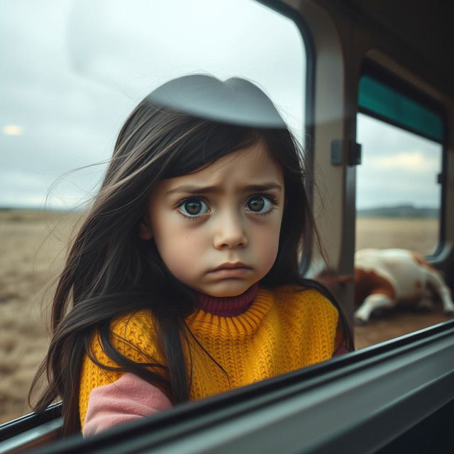 A touching scene featuring a sad 8-year-old girl with large, expressive eyes, peering out through a bus window