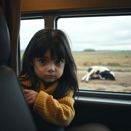 A touching scene featuring a sad 8-year-old girl with large, expressive eyes, peering out through a bus window
