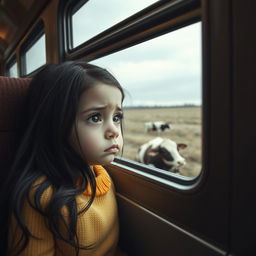 A touching scene featuring a sad 8-year-old girl with large, expressive eyes, peering out through a bus window