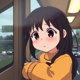 A heartfelt anime scene featuring a sad 8-year-old girl with large, expressive eyes, looking out through a bus window