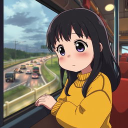 A heartfelt anime scene featuring a sad 8-year-old girl with large, expressive eyes, looking out through a bus window