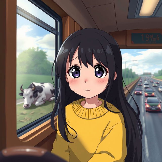 A heartfelt anime scene featuring a sad 8-year-old girl with large, expressive eyes, looking out through a bus window