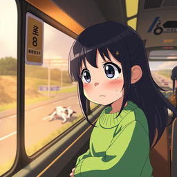 A heartfelt anime scene featuring a sad 8-year-old girl with large, expressive eyes, looking out through a bus window