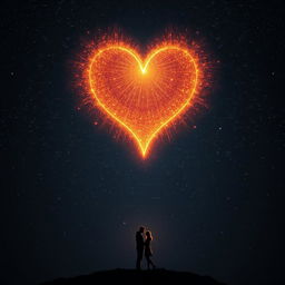 A captivating scene depicting a deep, dark night sky that is rich and filled with shimmering stars, dominated by a spectacular heart-shaped constellation that radiates vivid light and warmth