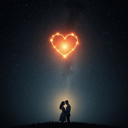 A captivating scene where love meets darkness, set against a deep, dark night sky that sparkles with countless stars