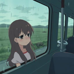 A melancholic anime scene featuring a sad girl looking out of a bus window, her expression filled with sorrow