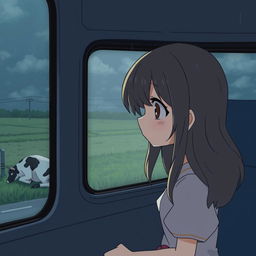 A melancholic anime scene featuring a sad girl looking out of a bus window, her expression filled with sorrow
