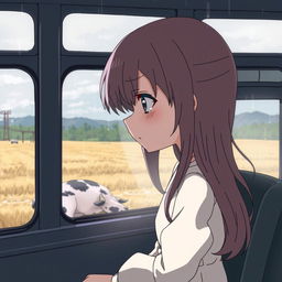 A melancholic anime scene featuring a sad girl looking out of a bus window, her expression filled with sorrow