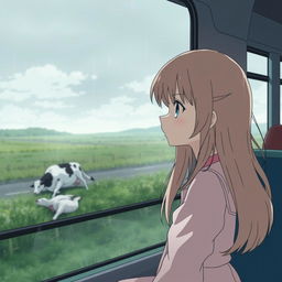 A melancholic anime scene featuring a sad girl looking out of a bus window, her expression filled with sorrow