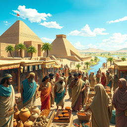 A vibrant scene of ancient Sumerian commerce, depicting bustling marketplaces filled with traders and customers
