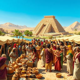 A vibrant scene of ancient Sumerian commerce, depicting bustling marketplaces filled with traders and customers