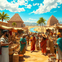 A vibrant scene of ancient Sumerian commerce, depicting bustling marketplaces filled with traders and customers