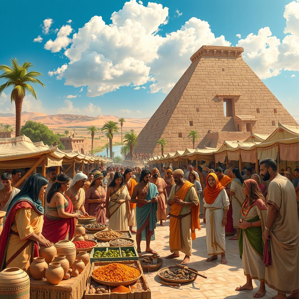 A vibrant scene of ancient Sumerian commerce, depicting bustling marketplaces filled with traders and customers