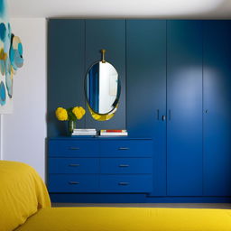 A modern bedroom with a harmonious blend of blue and yellow hues. It features a sleek blue cupboard, a contemporary dressing table, and a cozy bed with yellow linens. The room radiates warmth and comfort while maintaining a stylish demeanor.