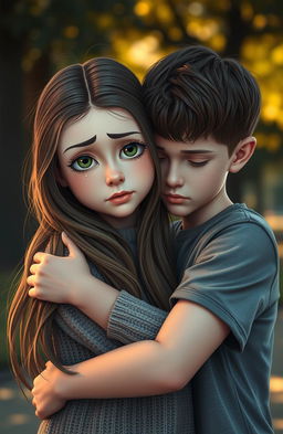 A heartfelt scene titled 'THE BROKEN GLASSES', depicting a girl with tear-filled eyes, her face expressing deep emotion, as she is being embraced by a caring boy