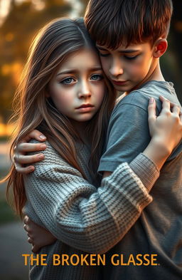 A heartfelt scene titled 'THE BROKEN GLASSES', depicting a girl with tear-filled eyes, her face expressing deep emotion, as she is being embraced by a caring boy