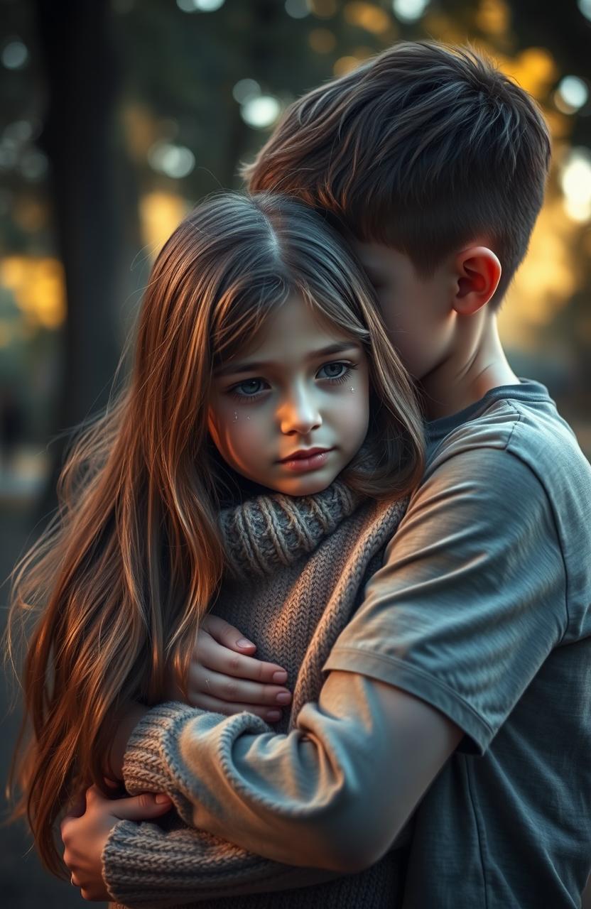 A heartfelt scene titled 'THE BROKEN GLASSES', depicting a girl with tear-filled eyes, her face expressing deep emotion, as she is being embraced by a caring boy