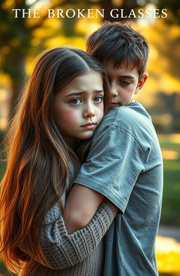 A heartfelt scene titled 'THE BROKEN GLASSES', depicting a girl with tear-filled eyes, her face expressing deep emotion, as she is being embraced by a caring boy