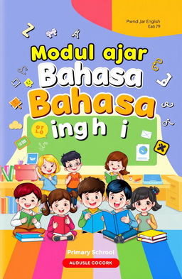 A colorful and engaging book cover design for a primary school English learning book titled 'Modul ajar Bahasa Inggris'