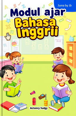 A colorful and engaging book cover design for a primary school English learning book titled 'Modul ajar Bahasa Inggris'