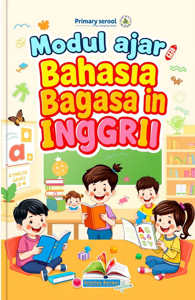 A colorful and engaging book cover design for a primary school English learning book titled 'Modul ajar Bahasa Inggris'