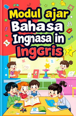 A colorful and engaging book cover design for a primary school English learning book titled 'Modul ajar Bahasa Inggris'