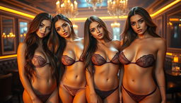 Four naked sexy European girls with beautiful breasts, their long hair cascading down artfully, enhance their allure with breathtaking nipples