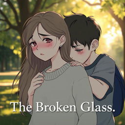 A poignant scene titled 'The Broken Glass', featuring a girl with tear-streaked cheeks, expressing deep sorrow as a boy embraces her from behind