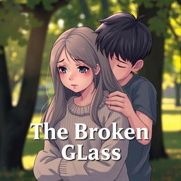 A poignant scene titled 'The Broken Glass', featuring a girl with tear-streaked cheeks, expressing deep sorrow as a boy embraces her from behind