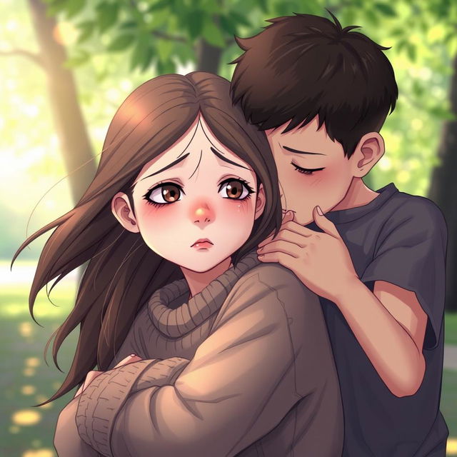 A poignant scene titled 'The Broken Glass', featuring a girl with tear-streaked cheeks, expressing deep sorrow as a boy embraces her from behind