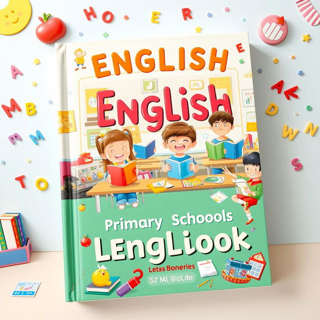 A captivating book cover design for a primary school English learning book, featuring a bright and engaging classroom scene