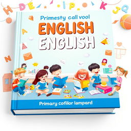 A captivating book cover design for a primary school English learning book, featuring a bright and engaging classroom scene
