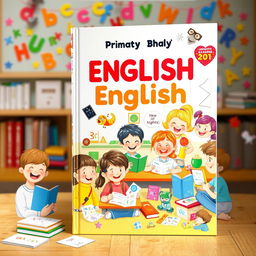 A captivating book cover design for a primary school English learning book, featuring a bright and engaging classroom scene