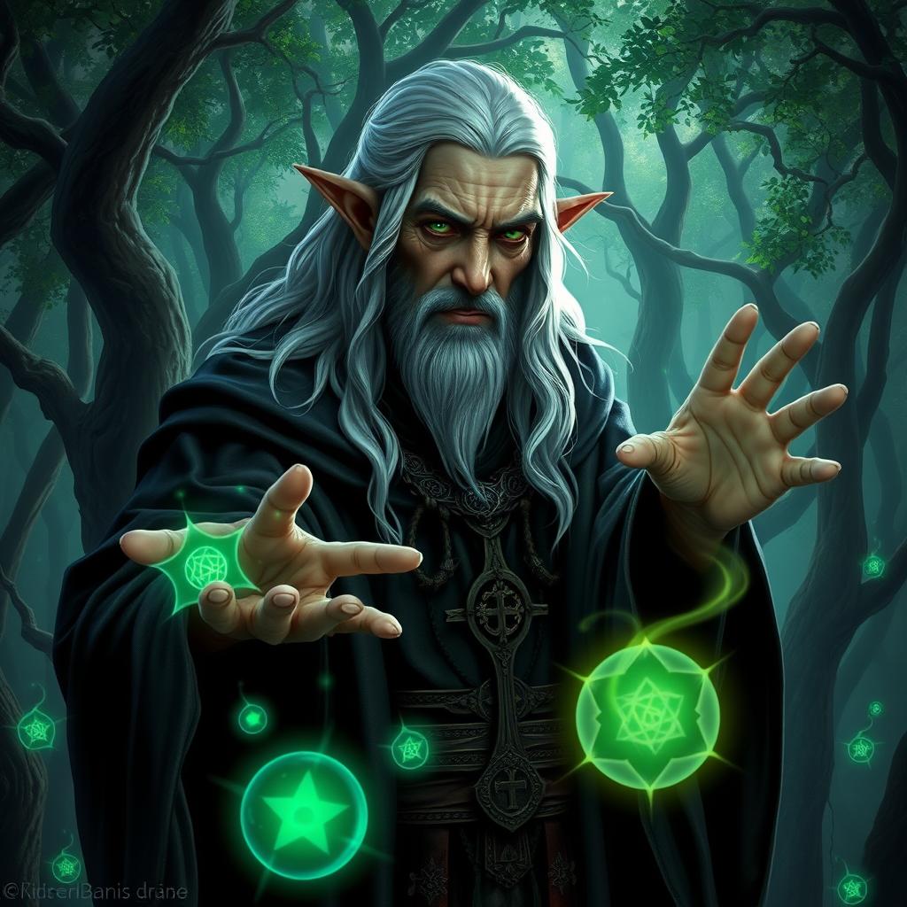 An ancient elf warlock with long silver hair and piercing green eyes, cloaked in dark, flowing robes adorned with mystical symbols