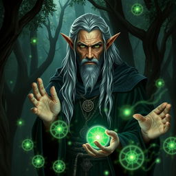 An ancient elf warlock with long silver hair and piercing green eyes, cloaked in dark, flowing robes adorned with mystical symbols