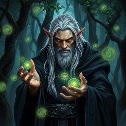 An ancient elf warlock with long silver hair and piercing green eyes, cloaked in dark, flowing robes adorned with mystical symbols