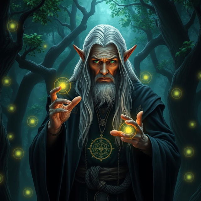 An ancient elf warlock with long silver hair and piercing green eyes, cloaked in dark, flowing robes adorned with mystical symbols