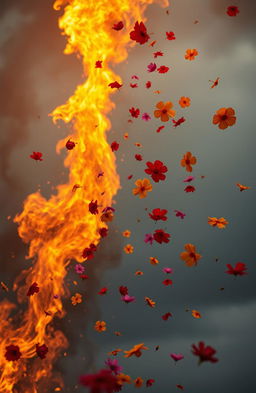 An intense scene where vibrant flowers are scattering in the air, being lifted by a high-reaching fire that appears to touch the sky