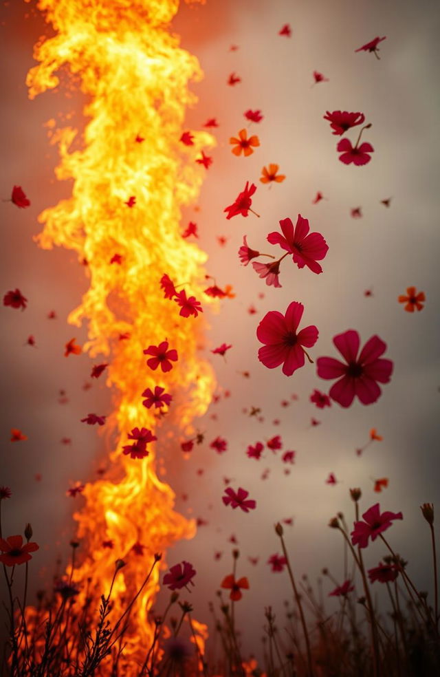 An intense scene where vibrant flowers are scattering in the air, being lifted by a high-reaching fire that appears to touch the sky