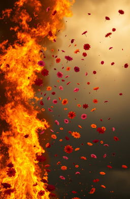 An intense scene where vibrant flowers are scattering in the air, being lifted by a high-reaching fire that appears to touch the sky