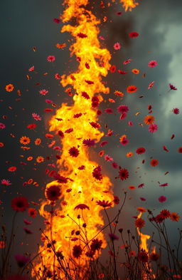 An intense scene where vibrant flowers are scattering in the air, being lifted by a high-reaching fire that appears to touch the sky