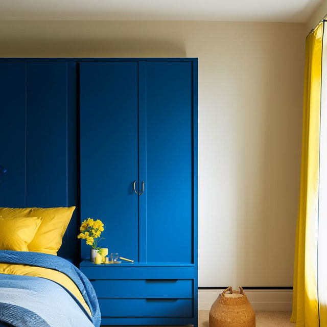 A modern bedroom featuring blue and yellow tones. Includes a chic blue cupboard, a sleek dressing area with a mirror, and a bed dressed in blue and yellow linens. The room is artfully decorated balancing style, comfort, and functionality.